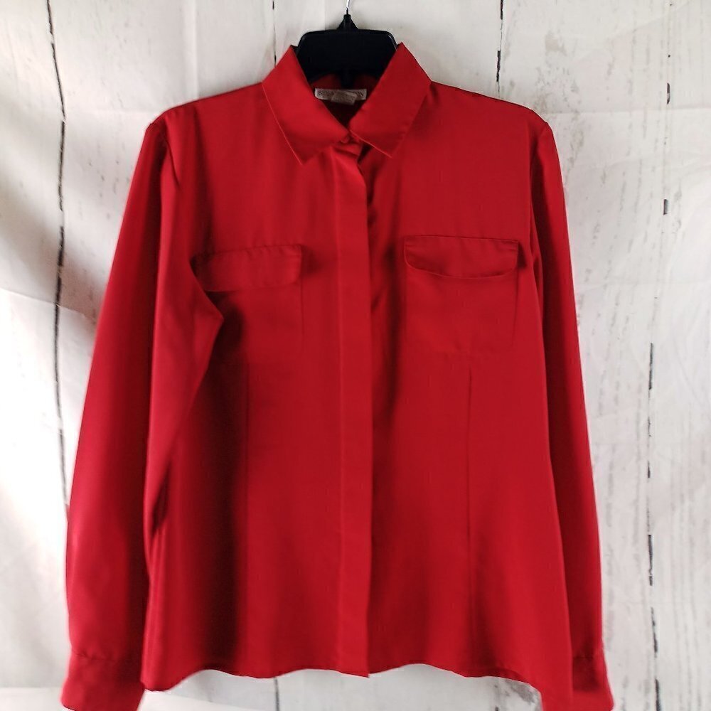 Susan Hutton Blouse Womens 8 Red Hidden Button Up Collared Long Sleeve Pocket